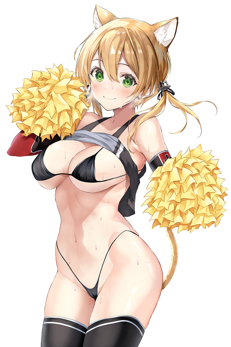 1girl adapted_costume animal_ear_fluff animal_ears bikini black_bikini black_legwear blonde_hair blush breasts cameltoe cat_ears cat_tail cheering cheerleader closed_mouth clothes_lift collarbone cowboy_shot crop_top crop_top_overhang green_eyes hair_between_eyes highres holding holding_pom_poms inuzumi_masaki kantai_collection large_breasts long_hair low_twintails micro_bikini navel pom_pom_(cheerleading) prinz_eugen_(kancolle) shirt_lift simple_background smile solo stomach sweat swimsuit tail thighhighs twintails white_background