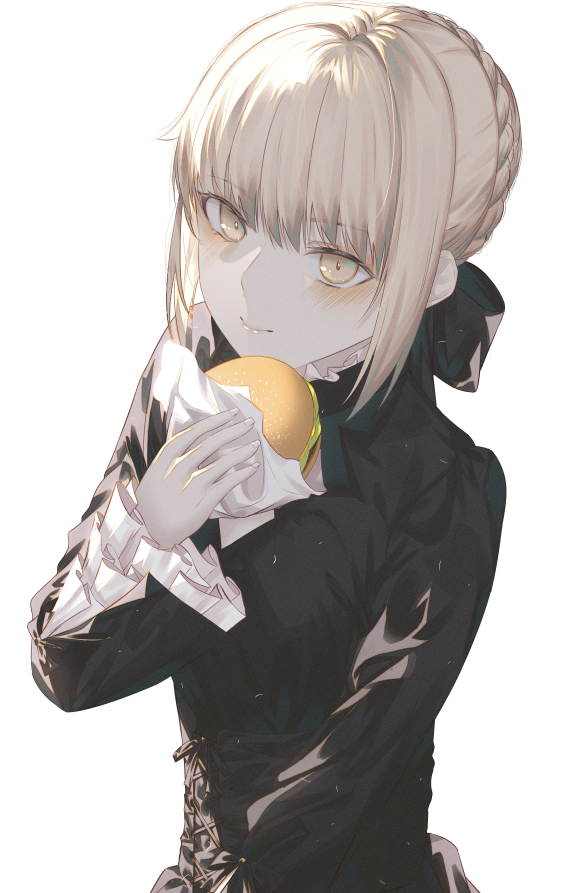 1girl artoria_pendragon_(fate) bangs black_bow black_panties blonde_hair blush bow braid burger crown_braid eyebrows_visible_through_hair fate/grand_order fate/stay_night fate_(series) food fov_ps hair_bow hair_bun holding holding_food layered_sleeves looking_at_viewer panties saber_alter smile solo underwear upper_body white_background wide_sleeves yellow_eyes
