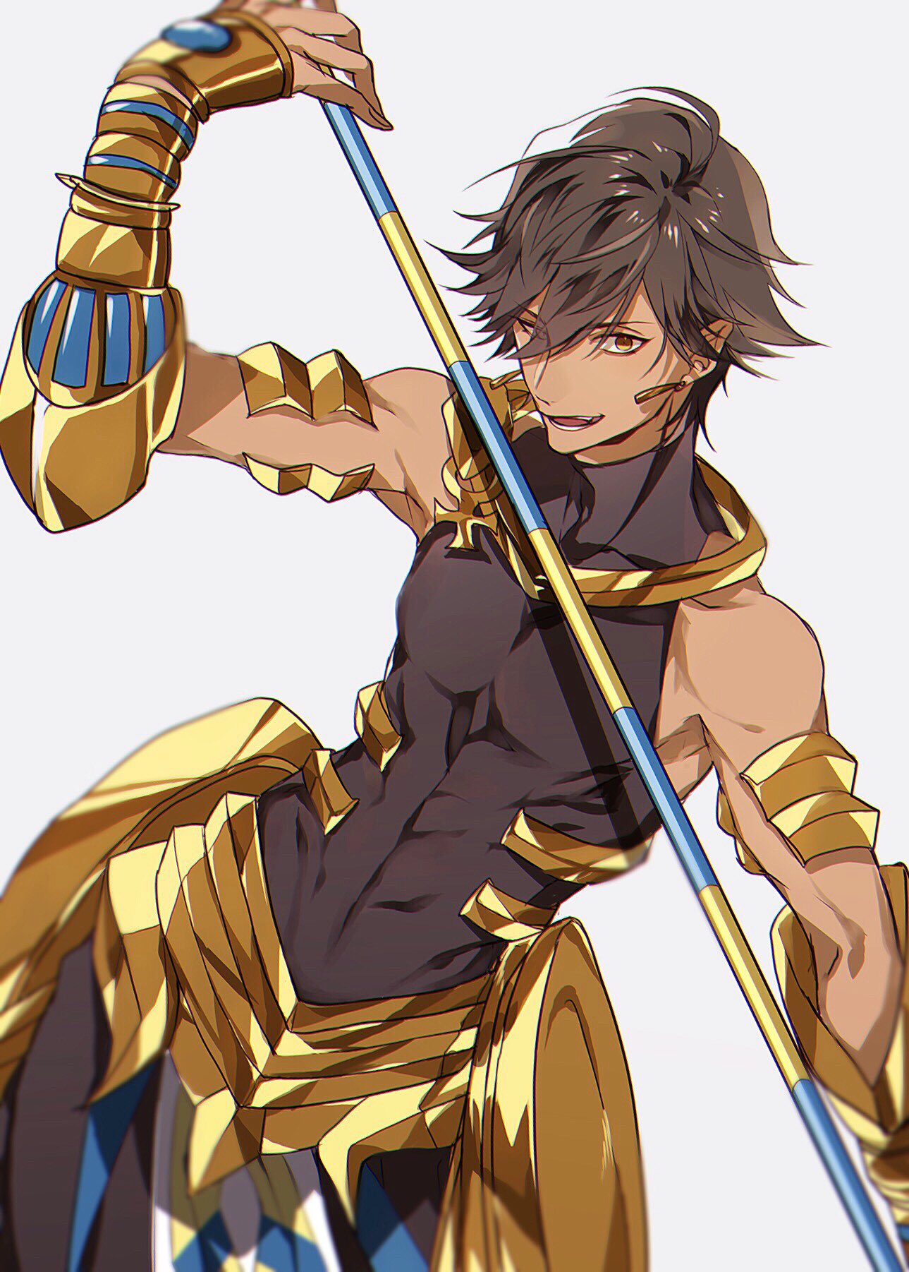 1boy :d ahoge arm_armor armor bangs brown_hair commentary dark-skinned_male dark_skin earrings egyptian_clothes eyebrows_visible_through_hair fate/grand_order fate/prototype fate/prototype:_fragments_of_blue_and_silver fate_(series) feet_out_of_frame grey_background highres holding holding_clothes holding_scarf jewelry kaa looking_at_viewer male_focus ozymandias_(fate) scarf short_hair simple_background smile solo yellow_eyes