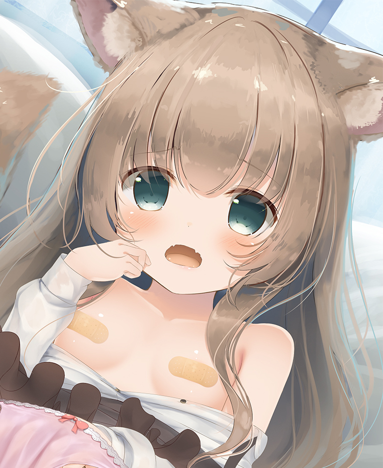 1girl animal_ear_fluff animal_ears aqua_eyes bandaid bandaids_on_nipples bangs bare_shoulders blush bow bow_panties breasts breasts_out collarbone dress eyebrows_visible_through_hair fangs frilled_skirt frills hair_over_shoulder hand_in_panties hand_on_own_cheek hand_on_own_face lace-trimmed_panties lace_trim light_brown_hair long_hair long_sleeves looking_at_viewer masturbation off_shoulder open_mouth original panties pasties pink_panties psyche3313 skin_fangs skirt small_breasts solo underwear