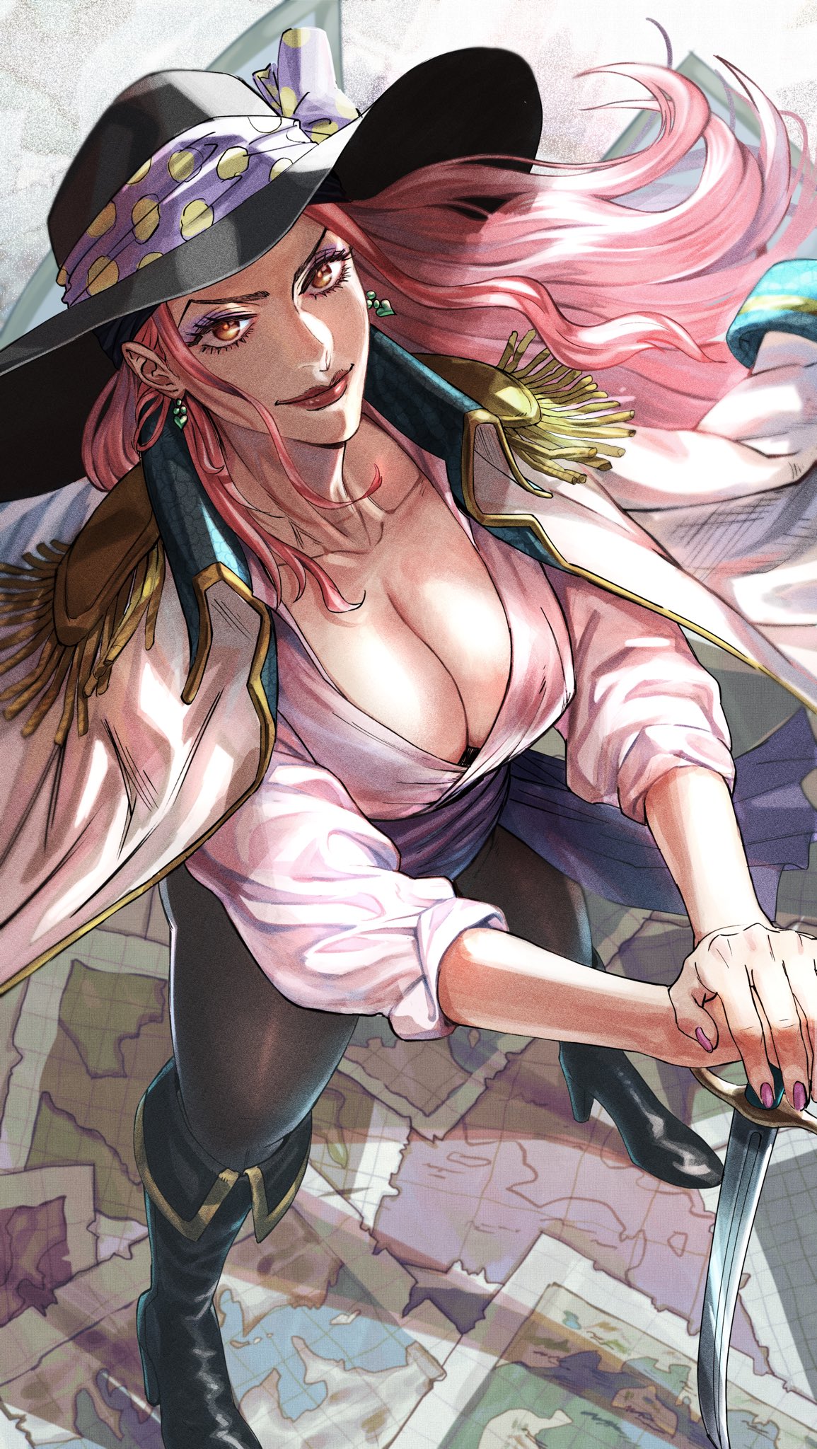 1girl boots breasts charlotte_linlin cleavage coat coat_on_shoulders earrings eyeshadow hand_on_hilt hat high_heel_boots high_heels highres jewelry large_breasts lips lipstick makeup map one_piece pants pink_hair planted planted_sword sash smile standing sword tobo_katsuo weapon