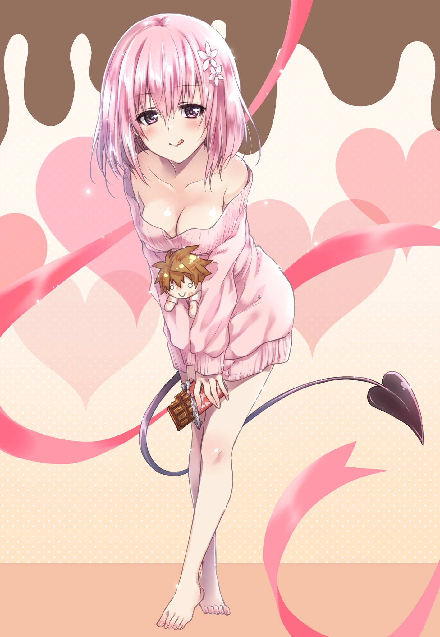 1girl :q bangs barefoot blush bob_cut breasts candy character_doll chocolate chocolate_bar cleavage closed_mouth commentary_request commission crossed_ankles demon_tail eyebrows_visible_through_hair flower food full_body hair_flower hair_ornament half-closed_eyes heart highres holding holding_food kuroi_mimei leaning_forward licking_lips long_sleeves looking_at_viewer medium_breasts momo_velia_deviluke naked_sweater off-shoulder_sweater off_shoulder pink_hair pink_sweater purple_eyes red_ribbon ribbon short_hair skeb_commission smile solo standing sweater tail to_love-ru to_love-ru_darkness tongue tongue_out valentine yuuki_rito
