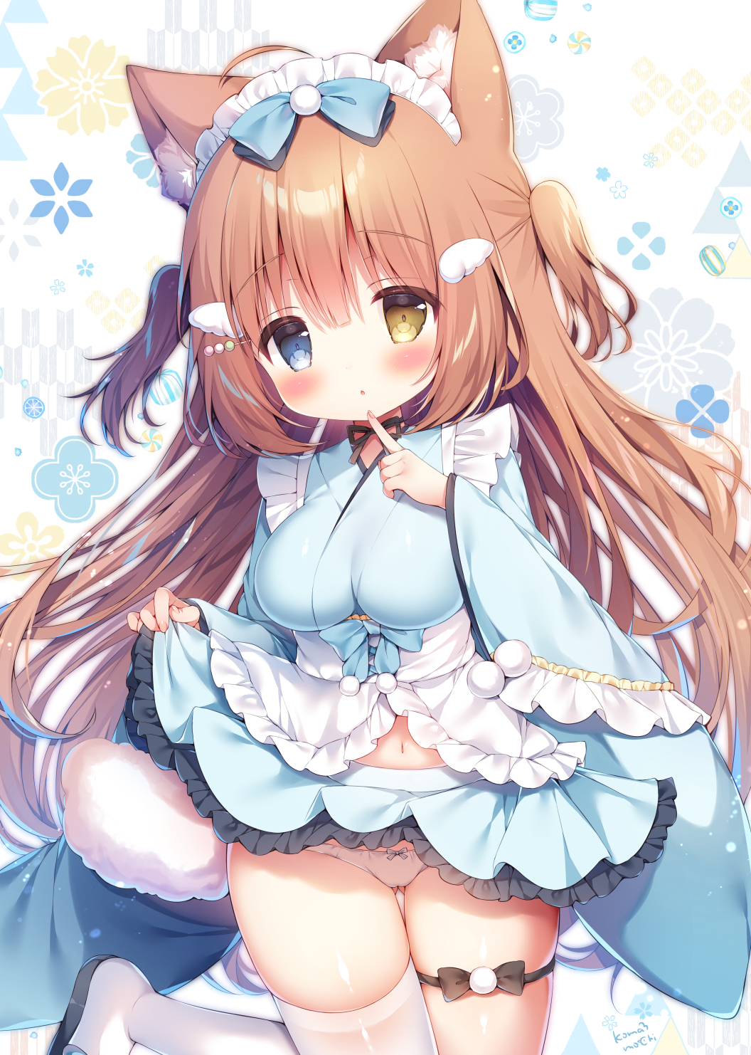 1girl :o ahoge animal_ear_fluff animal_ears bangs blue_bow blue_dress blue_eyes blush bow bow_dress bow_panties breasts brown_hair clothes_lift cowboy_shot dress dress_lift eyebrows_visible_through_hair finger_to_mouth frilled_dress frills hair_between_eyes hair_bow hair_ornament hand_up heterochromia highres leg_up lifted_by_self long_hair long_sleeves maid_headdress momozu_komamochi navel oppai_loli original panties pantyshot pleated_skirt presenting signature skirt solo standing thigh_gap thighhighs thighs two_side_up underwear very_long_hair white_legwear white_panties wide_sleeves yellow_eyes zettai_ryouiki