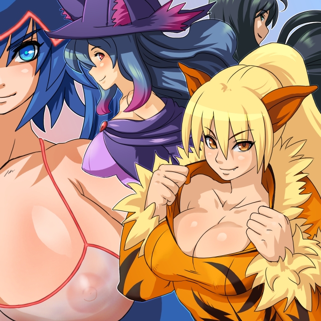 3girls 4girls arcanine blush breasts cleavage cosplay fushisha_o huge_breasts kyogre mismagius multiple_girls personification pokemon see-through smile