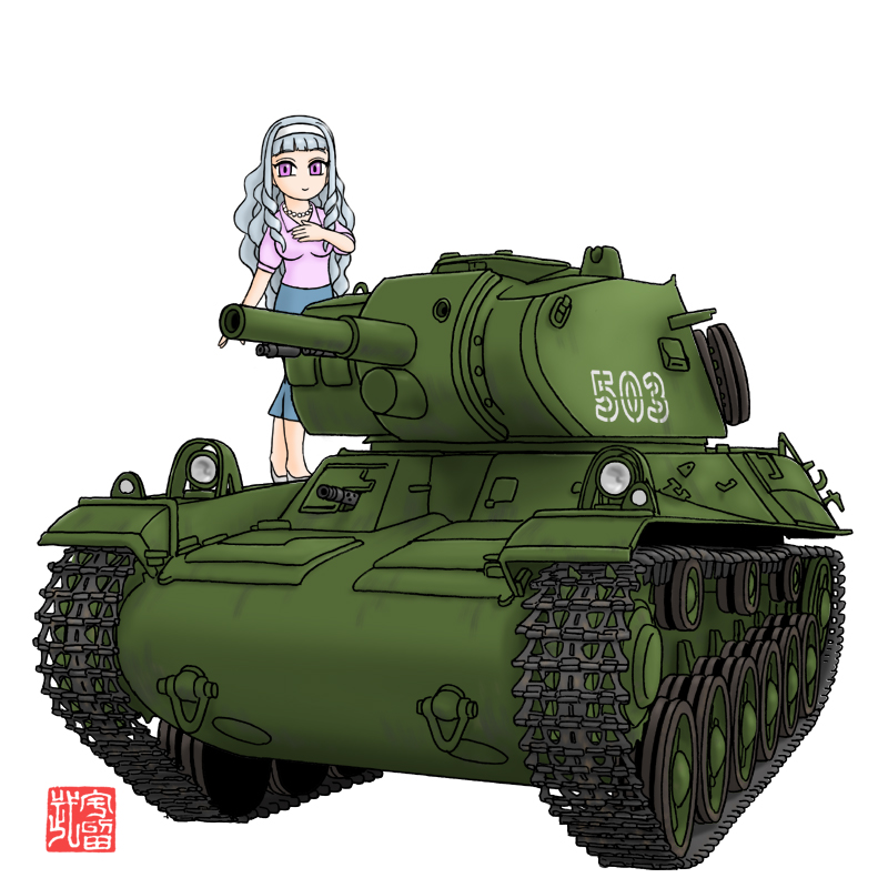 blouse blue_skirt cannon curly_hair drill_hair gun hand_on_own_chest headband idolmaster jewelry long_hair long_skirt m.wolverine machine_gun military necklace pearl_necklace pink_blouse purple_eyes shijou_takane signature skirt stridsvagn_m/42 tank_turret weapon white_background white_hair