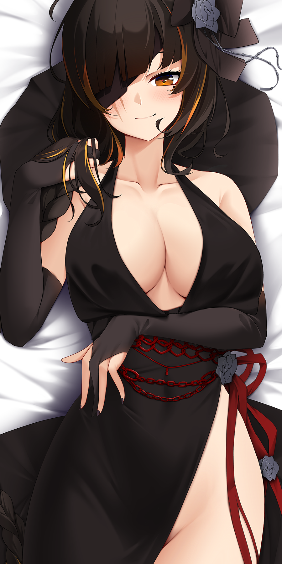 1girl bed_sheet black_bow black_dress black_gloves black_nails blush bow braid breasts cleavage closed_mouth collarbone covered_navel dakimakura_(medium) dress elbow_gloves eyepatch from_above girls'_frontline gloves groin hair_bow hand_in_hair highres large_breasts long_hair looking_at_viewer lying m16a1_(girls'_frontline) mole mole_under_eye multicolored_hair nail_polish no_panties on_back on_bed one_eye_covered orange_hair partially_fingerless_gloves pelvic_curtain scar scar_on_face single_braid sleeveless sleeveless_dress smile solo streaked_hair two-tone_hair z.taiga