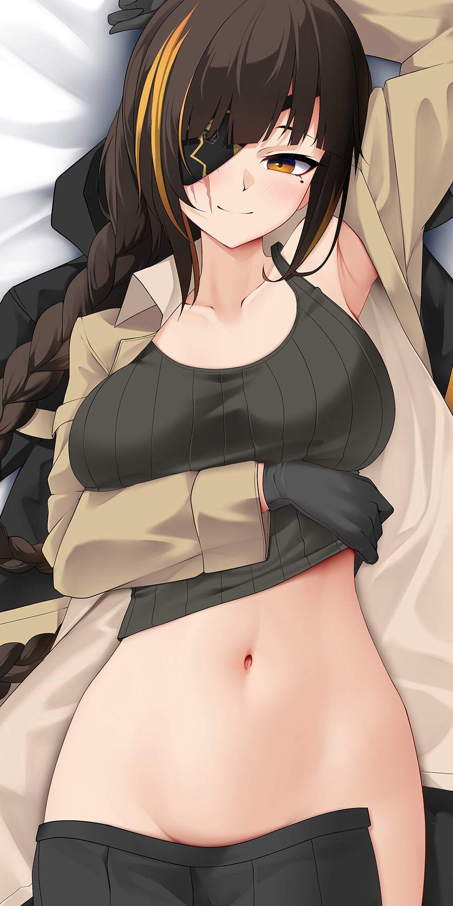 1girl arm_up armpits bangs bed_sheet black_gloves black_skirt blunt_bangs blush braid breasts brown_shirt closed_mouth collarbone crop_top dakimakura_(medium) eyepatch from_above girls'_frontline gloves groin highres large_breasts long_hair long_sleeves looking_at_viewer lying m16a1_(girls'_frontline) mole mole_under_eye navel no_panties on_back on_bed open_clothes open_shirt open_skirt orange_eyes scar scar_on_face shirt single_braid skirt smile solo stomach tank_top very_long_hair z.taiga