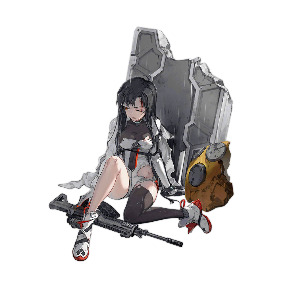 1girl assault_rifle bangs black_hair black_legwear blood blood_on_face boots breasts choker cleavage cloak collarbone dress eyebrows_visible_through_hair full_body girls'_frontline gloves gun long_hair long_sleeves looking_down magazine_(weapon) medium_breasts official_art on_floor one_eye_closed open_mouth orange_eyes promotional_art qbz-191 qbz-191_(girls'_frontline) rain rifle sad shuzi simple_background single_thighhigh snowflakes solo thighhighs transparent_background water_drop weapon weapon_on_floor weapon_removed white_choker white_cloak white_dress white_footwear white_gloves