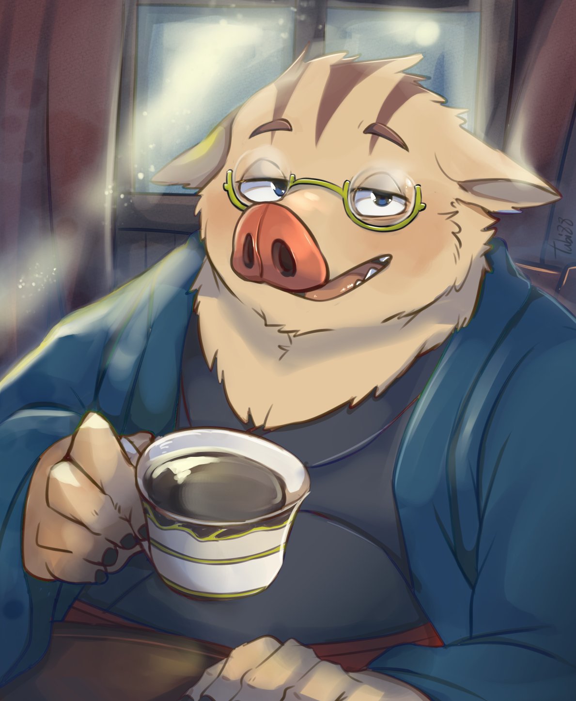 2022 anthro belly beverage biped coffee container cup detailed_background eyewear glasses hi_res humanoid_hands inside kemono male mammal overweight overweight_male sitting solo suid suina sus_(pig) tiri_mama wild_boar