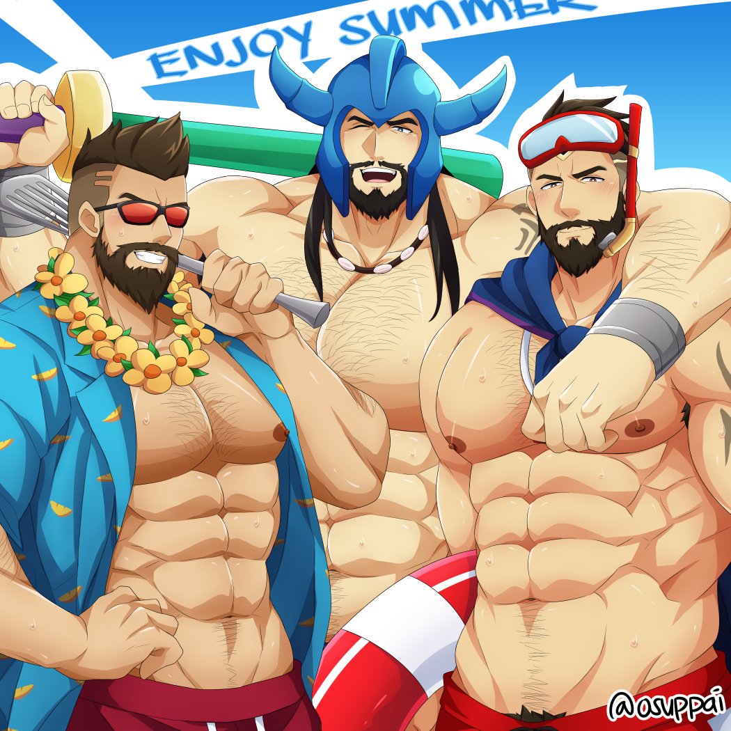 3boys abs alternate_costume arm_hair artist_name bara bare_pectorals beard black_hair blush bracelet brown_hair chest_hair facial_hair gangplank_(league_of_legends) glasses hairy jewelry kaiki_(osuppai) large_pectorals league_of_legends long_hair male_focus male_underwear manly mature_male multiple_boys muscular muscular_male navel navel_hair necklace nipples open_clothes open_shirt pantheon_(league_of_legends) pectorals scarf shirt sideburns smile summer tattoo topless topless_male tryndamere underwear