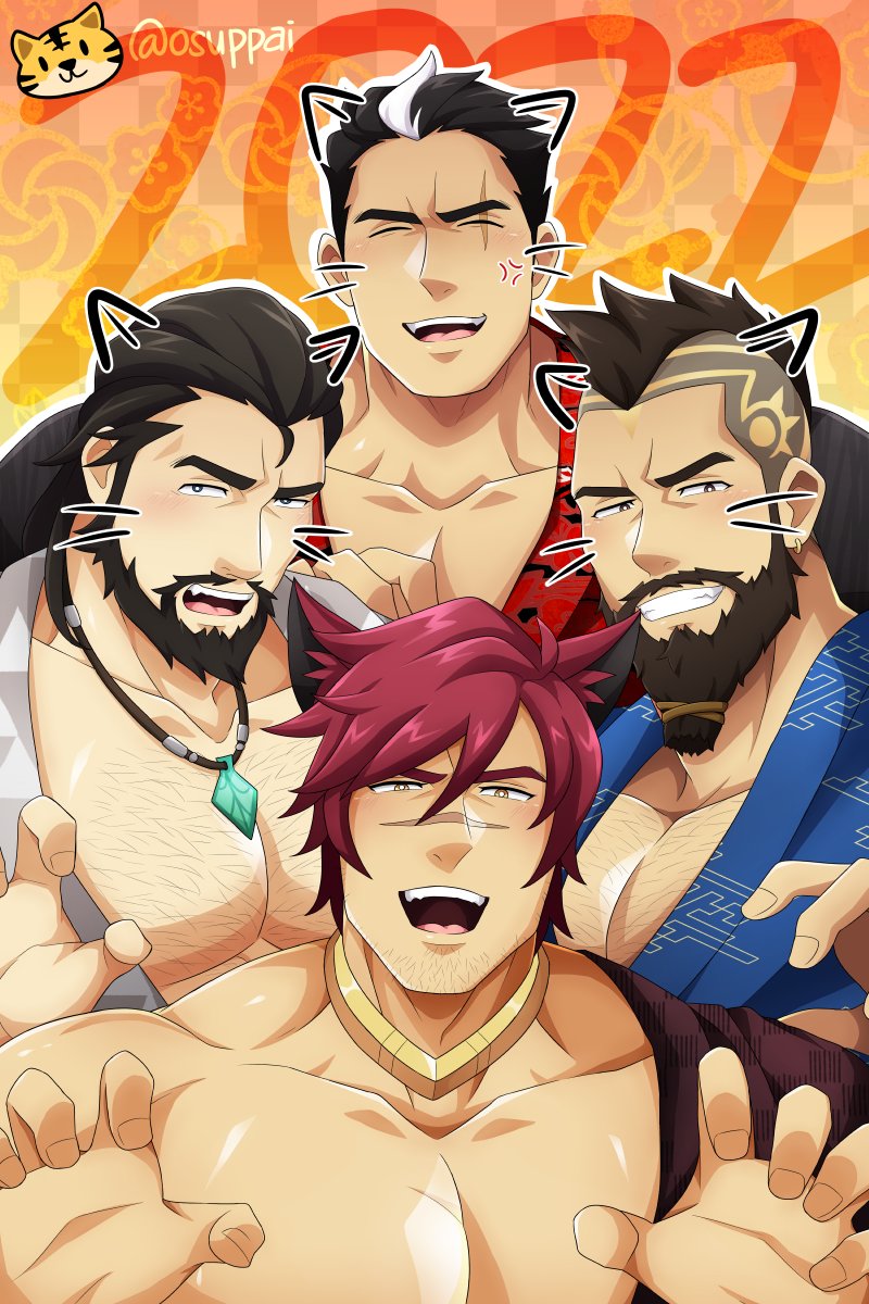 4boys animal_ears artist_name bara beard blush body_hair cat_ears chest_hair darius_(league_of_legends) drawn_ears ear_piercing earrings facial_hair gem highres japanese_clothes jewelry kaiki_(osuppai) kimono large_pectorals league_of_legends long_hair male_focus manly mature_male multiple_boys muscular muscular_male necklace new_year pantheon_(league_of_legends) paw_pose pectoral_cleavage pectorals piercing red_hair scar sett_(league_of_legends) smile tattoo tiger_ears tryndamere yukata