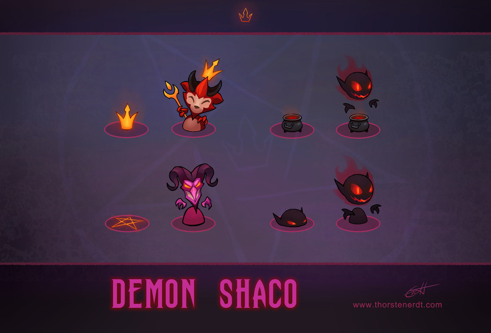 character_name crown demon demon_boy glowing glowing_eyes grin horns league_of_legends little_devil_teemo no_humans shaco signature smile teemo teeth thorsten_erdt web_address