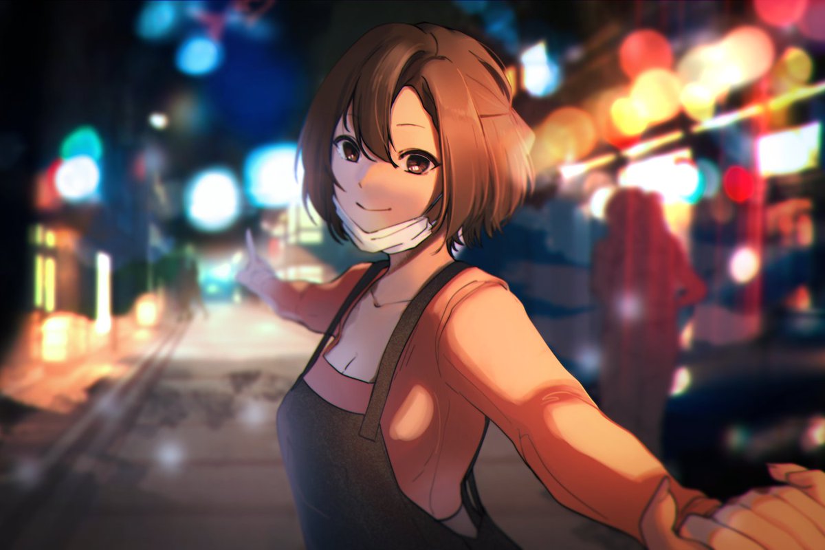 1girl brown_hair holding_hands kaito_(vocaloid) mask master_(vocaloid) mouth_mask night out_of_frame outdoors pointing short_hair smile solo_focus vocaloid yen-mi