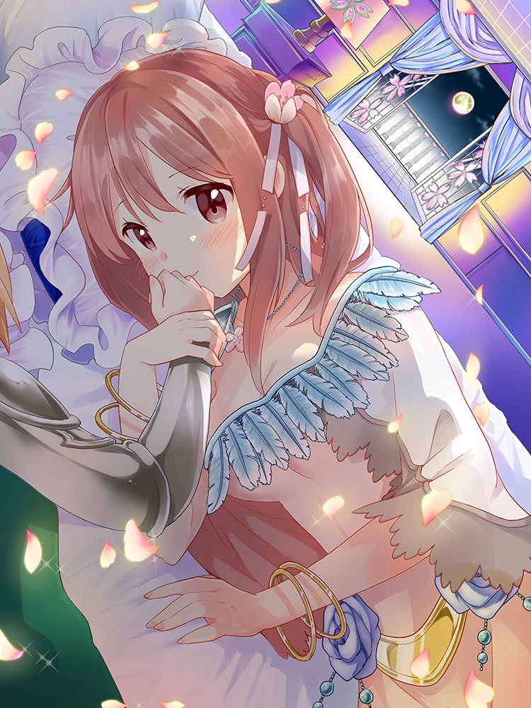 balcony bed blush bracelet breasts feathers finger_kiss flower hair_flower hair_ornament holding_another's_arm jewelry lamp light_smile lying moon necklace petals pillow red_hair sakura_trick solo_focus sonoda_yuu tachi_(gutsutoma) takayama_haruka