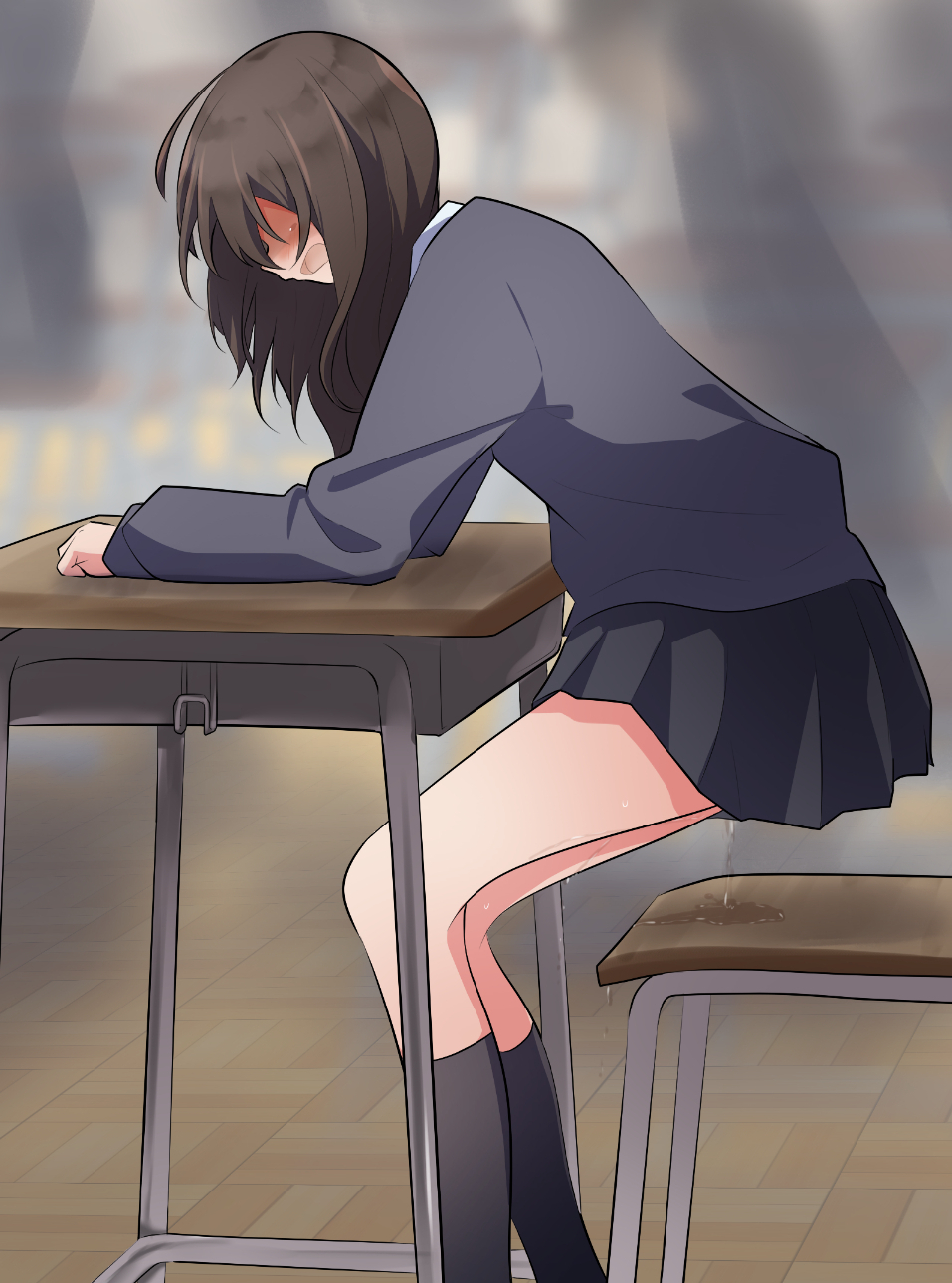 1girl bangs black_legwear black_skirt blush brown_hair chair classroom commentary_request desk embarrassed faceless faceless_female from_side grey_sweater have_to_pee highres indoors kneehighs long_hair long_sleeves miniskirt open_mouth original partial_commentary pee peeing peeing_self pleated_skirt school_chair school_desk school_uniform sidelocks sideways_mouth skirt solo standing sweat sweater tears watakarashi