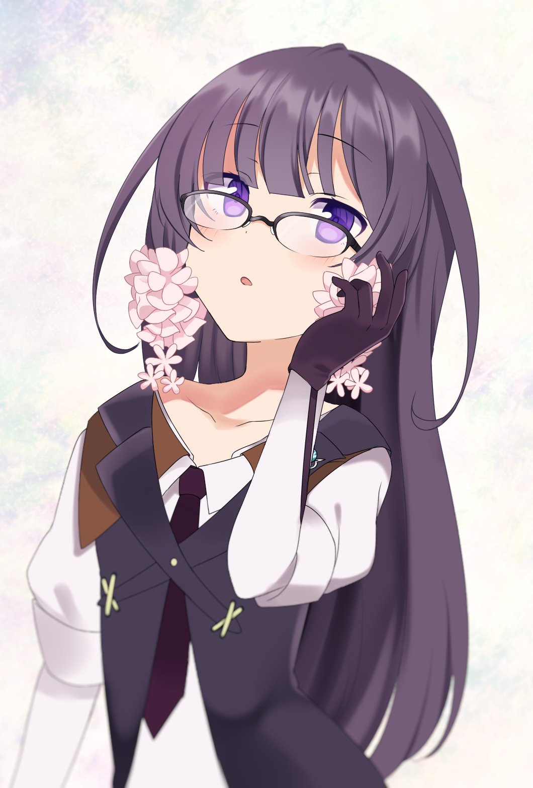 1girl bangs black_hair blunt_bangs eyebrows_visible_through_hair flower fujishiro_emyu glasses gloves hair_flower hair_ornament hand_up highres komachi_mikura long_hair magia_record:_mahou_shoujo_madoka_magica_gaiden mahou_shoujo_madoka_magica parted_lips purple_eyes solo