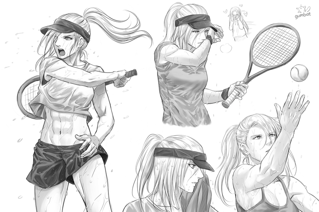 1girl 1other abs athletic ball camera crop_top dripping eyelashes flying_sweatdrops gumbat heart monochrome muscular muscular_female open_mouth original racket shirt short_shorts short_sleeves shorts signature simple_background sketch sweat sweating_profusely t-shirt tennis tennis_ball tennis_racket towel visor_cap wet white_background wiping_face wiping_sweat wrist_cuffs