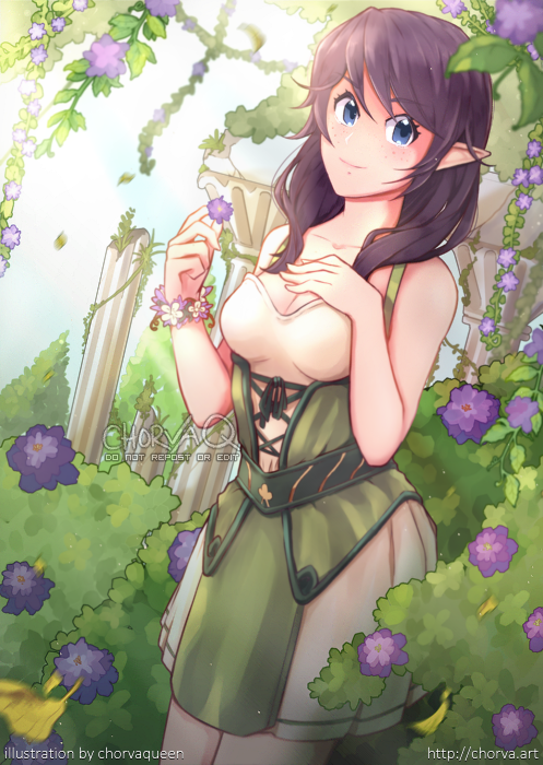 1girl artist_name avanna bangs bare_arms bare_shoulders black_hair blue_eyes breasts chorvaqueen cleavage closed_mouth collarbone commentary cowboy_shot day dress dutch_angle elf eyebrows_visible_through_hair flower flower_bracelet freckles green_dress hand_on_own_chest hand_up holding holding_flower leaf leaves_in_wind legs_together looking_at_viewer medium_hair pillar plant pointy_ears purple_flower sleeveless sleeveless_dress small_breasts smile solo standing vocaloid watermark web_address