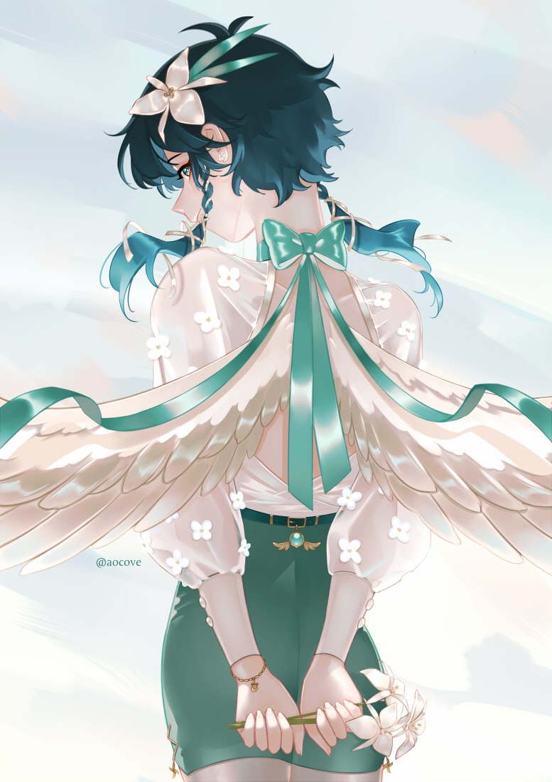 1boy alternate_costume aocove aqua_bow bangs black_hair blue_eyes blue_hair bow commentary_request crossdressing feathered_wings floral_print flower from_behind genshin_impact gradient_hair green_skirt hair_flower hair_ornament male_focus multicolored_hair short_hair_with_long_locks skirt solo venti_(genshin_impact) white_flower white_wings wings