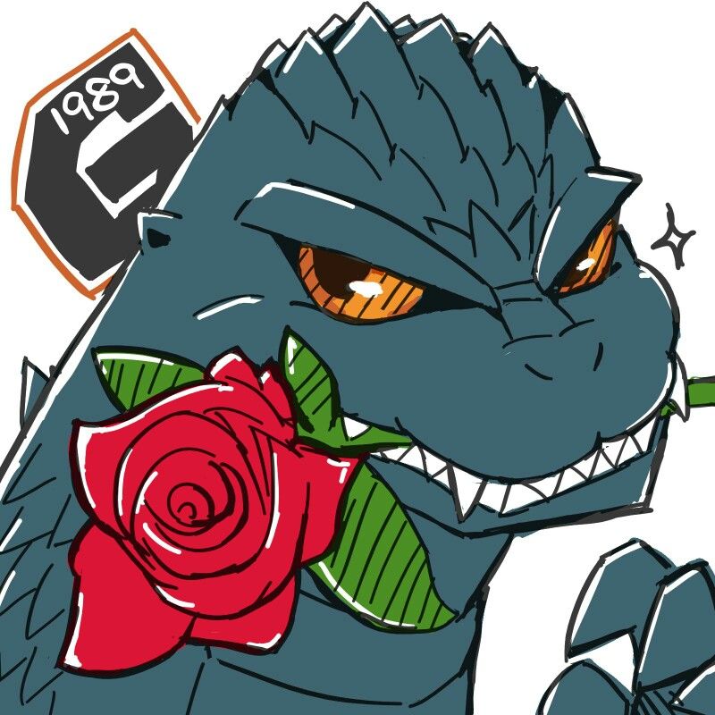ambiguous_form ambiguous_gender claws fangs flower flower_in_mouth godzilla godzilla_(series) grey_body grey_skin kaiju looking_at_viewer lyserk_acid_(artist) monster orange_eyes plant reptile rose_(flower) rose_in_mouth scalie sharp_claws sharp_teeth simple_background solo sparkling_character teeth toho white_background