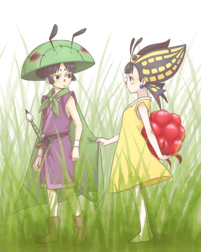 1boy 1girl animal_hat antennae arm_behind_back bangs bare_arms bare_legs bare_shoulders barefoot beads black_hair blunt_bangs blush boots butterfly_wings cape cape_grab clothes_grab commentary_request day dress earrings eye_contact food fruit grass green_cape green_headwear hat head_wings hetero holding holding_food holding_fruit issun japanese_clothes jewelry kiichi_(9ta) kimono looking_at_another looking_back lowres miniboy minigirl miyabi_(ookami) nature ookami_(game) paintbrush purple_kimono sash short_eyebrows short_hair sidelocks sleeveless sleeveless_dress standing wings wristband yellow_dress