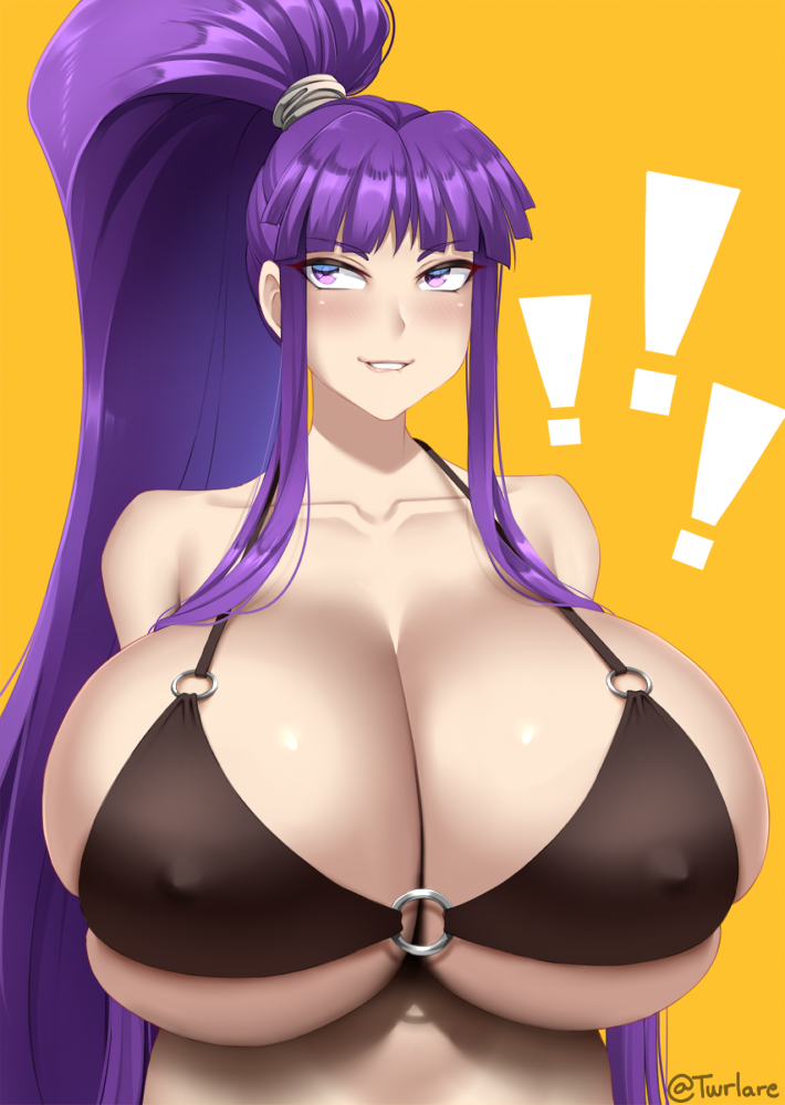 ! bangs bikini bikini_top_only biting black_bikini breasts cleavage commission eiken gigantic_breasts huge_breasts lip_biting long_hair misono_kirika o-ring o-ring_top ponytail purple_eyes purple_hair shiny shiny_skin simple_background solo swimsuit twrlare very_long_hair