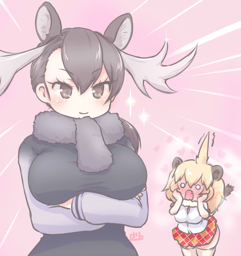 2girls :3 alternate_hairstyle animal_ears antlers big_hair blonde_hair blush brown_eyes brown_hair brown_scarf brown_sweater commentary_request crossed_arms extra_ears eyebrows_visible_through_hair fang fur_collar kemono_friends lion_(kemono_friends) lion_ears lion_girl lion_tail long_hair long_sleeves moose_(kemono_friends) moose_ears moose_girl multiple_girls necktie plaid plaid_necktie plaid_skirt plaid_trim pleated_skirt red_necktie red_skirt scarf shirt short_hair short_sleeves skirt sweater tail thighhighs uho_(uhoyoshi-o) white_legwear white_shirt zettai_ryouiki