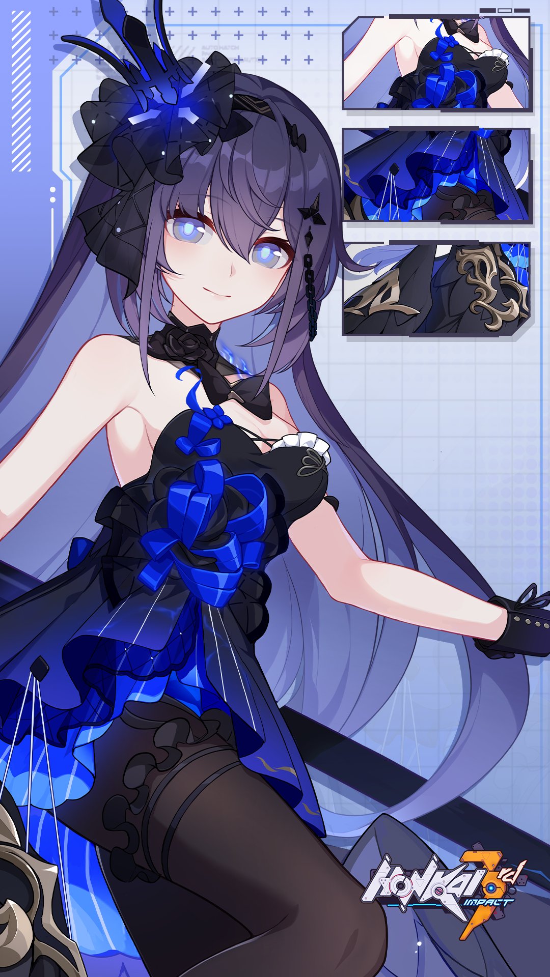 1girl bare_shoulders black_dress black_headwear black_leggings blue_dress breasts closed_mouth colored_inner_hair dress english_commentary hair_between_eyes highres holding holding_scythe holding_weapon honkai_(series) honkai_impact_3rd leggings logo long_hair makeup multicolored_hair official_alternate_costume official_art official_wallpaper scythe seele_vollerei seele_vollerei_(herrscher_of_rebirth) sideboob sleeveless small_breasts smile solo upper_body weapon