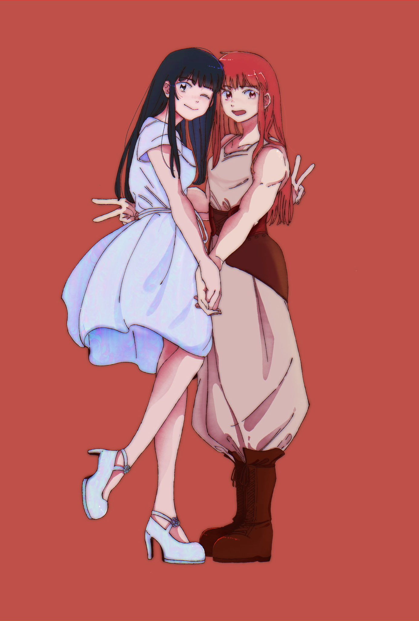 2girls baggy_pants black_hair blue_dress boots breasts brown_eyes commentary_request dress grey_tank_top high_heels highres holding_hands konjiki_no_gash!! konjiki_no_gash!!_2 medium_breasts medium_dress multiple_girls muscular muscular_female nenee37 one_eye_closed open_mouth oumi_megumi pants red_eyes red_hair small_breasts smile standing standing_on_one_leg tank_top tio_(konjiki_no_gash!!) v