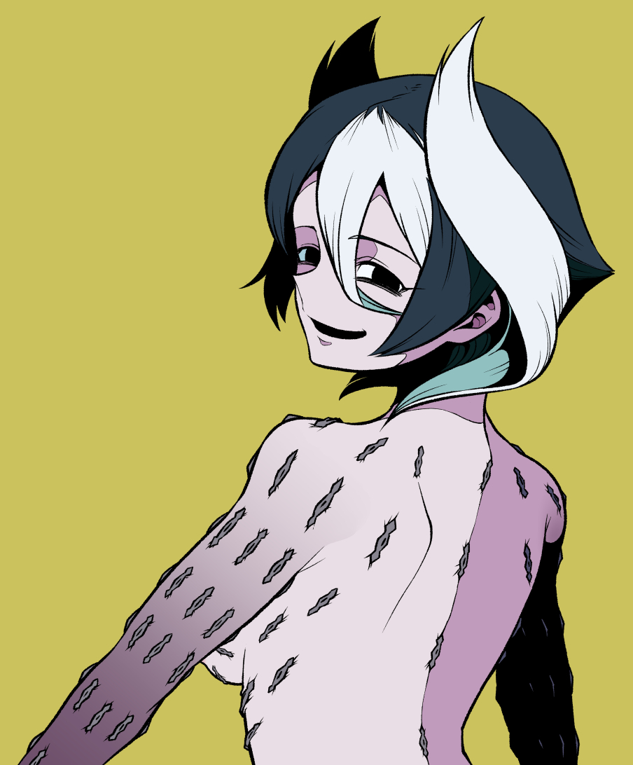 1girl black_eyes black_hair gradient_skin hair_horns made_in_abyss multicolored_hair ononaka_akihiro open_mouth ozen piercing simple_background smile solo streaked_hair topless white_hair yellow_background