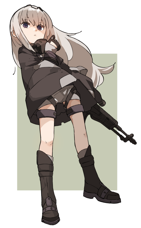 1girl amonitto an-94 an-94_(girls'_frontline) assault_rifle black_coat black_eyes black_footwear boots closed_mouth coat coat_on_shoulders floating_hair girls'_frontline gloves grey_hair gun holding holding_gun holding_weapon jacket jacket_on_shoulders long_hair looking_at_viewer respirator rifle shorts sidelocks solo standing thigh_strap weapon white_shorts wind