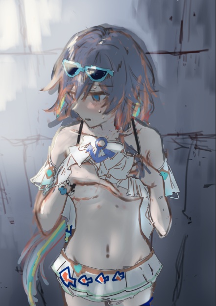 1girl bikini blue_eyes blue_hair blush breasts eyewear_on_head fu_hua fu_hua_(seagull's_soar) fu_hua_(shadow_knight) grey_hair hair_between_eyes honkai_(series) honkai_impact_3rd long_hair looking_to_the_side low-tied_long_hair low_ponytail medium_breasts multicolored_hair navel official_alternate_costume ponytail sleeveless solo stomach streaked_hair sunglasses swimsuit unfinished vx7bj white_bikini white_swimsuit