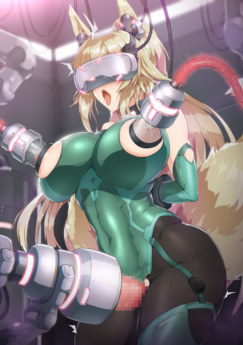 1girl animal_ears arm_behind_back black_pantyhose blonde_hair breasts cable commentary_request covered_navel fox_ears fox_girl fox_tail futanari futasub green_leotard head-mounted_display highres lactation large_breasts leotard long_hair machinery milking_machine nandz nipples open_mouth original pantyhose restrained sex_machine skin_tight solo tail tongue tongue_out torn_clothes torn_leotard