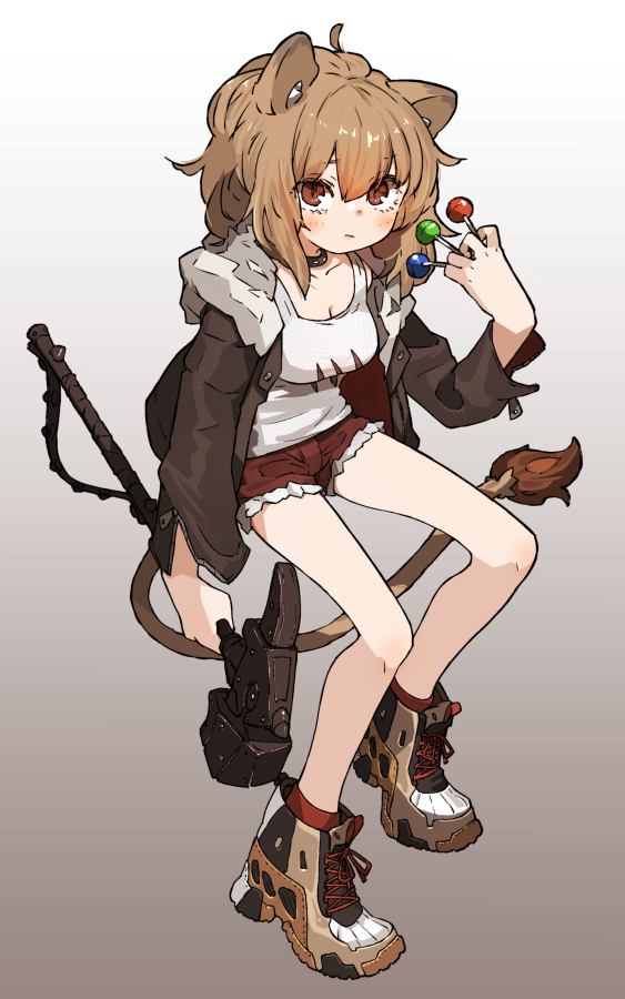 1girl amonitto animal_ears arknights blush boots breasts brown_hair brown_jacket candy choker cleavage cutoffs food fur-trimmed_jacket fur_trim gradient_background hammer holding holding_hammer jacket lion_ears lion_girl lion_tail lollipop long_hair looking_at_viewer open_clothes open_jacket orange_eyes red_shorts red_socks shorts siege_(arknights) small_breasts socks solo tail tank_top white_footwear