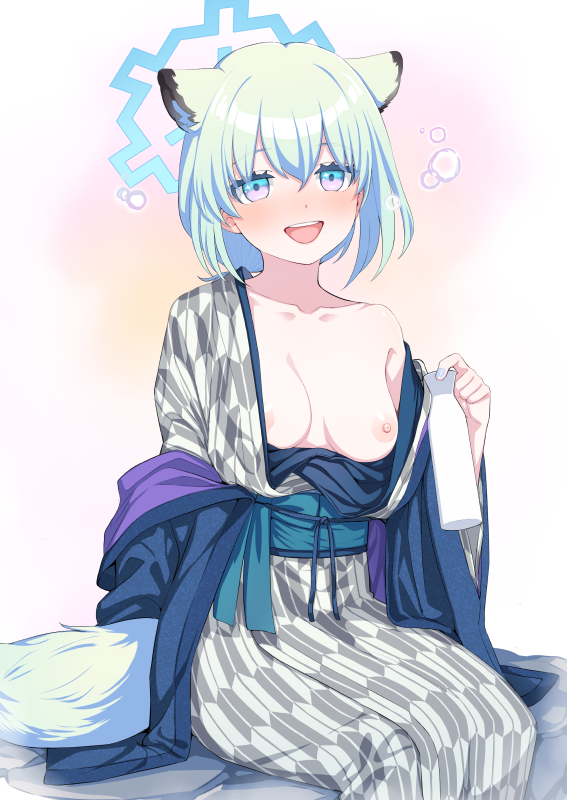 1girl animal_ears bath_yukata blue_archive blue_halo blue_nails blush breasts collarbone commentary fingernails green_hair grey_kimono halo japanese_clothes kimono kumadano long_sleeves nail_polish nipples obi official_alternate_costume open_mouth purple_eyes sash shigure_(blue_archive) shigure_(hot_spring)_(blue_archive) short_hair small_breasts smile solo symbol-only_commentary tail weasel_ears weasel_tail wide_sleeves yukata