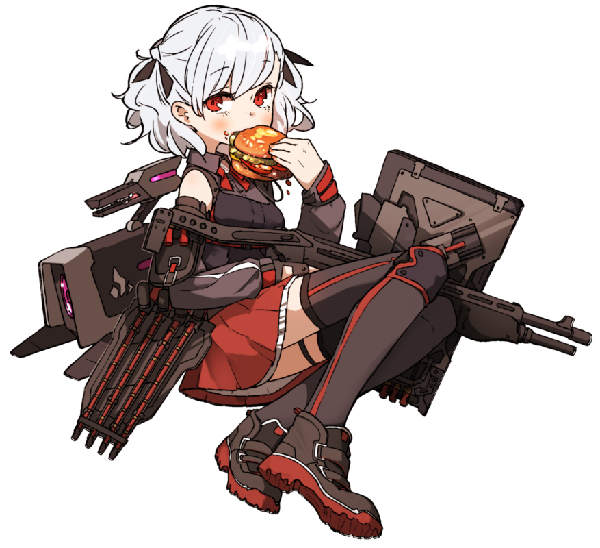 1girl amonitto black_gloves black_shirt black_thighhighs boots bow bowtie breasts brown_footwear burger collared_shirt detached_sleeves dinergate_(girls'_frontline) eating food food_on_face full_body girls'_frontline gloves gun hair_bow holding holding_food holding_gun holding_weapon knee_pads light_blush looking_at_viewer pump_action red_eyes red_skirt shirt short_hair shotgun simple_background single_glove skirt sleeveless sleeveless_shirt small_breasts solo spas-12 spas-12_(girls'_frontline) thigh_strap thighhighs twintails weapon white_background white_hair