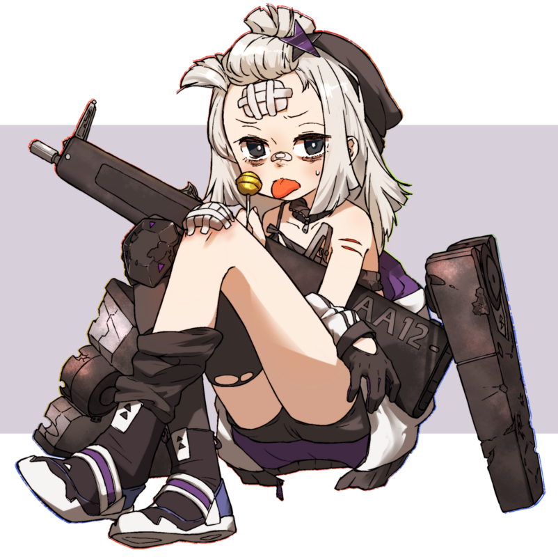 1girl aa-12_(girls'_frontline) amonitto bags_under_eyes bandaid bandaid_on_face bandaid_on_knee bandaid_on_leg bandaid_on_nose bangs_pinned_back beanie black_eyes black_gloves black_headwear black_shorts black_thighhighs camisole candy clothes_down coat detached_collar food girls'_frontline gloves grey_hair hair_ornament hat injury knee_pads knees_up lollipop long_hair looking_at_viewer shoes short_hair short_shorts shorts sidelocks single_glove single_knee_pad single_thighhigh sitting solo star_(symbol) star_hair_ornament sweatdrop thighhighs tongue tongue_out white_coat