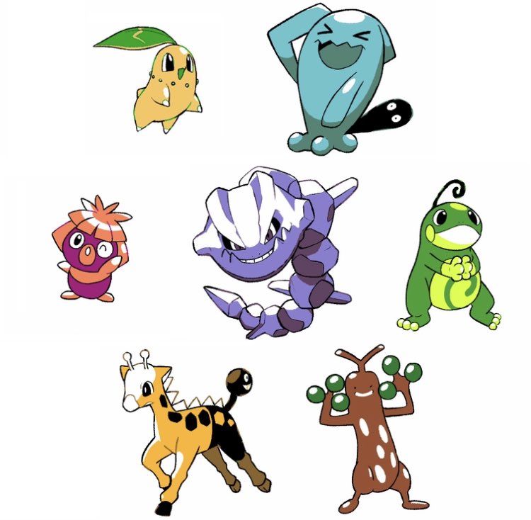 &gt;_&lt; :d black_eyes chikorita closed_mouth girafarig looking_at_viewer no_humans one_eye_closed open_mouth own_hands_together pokemon pokemon_(creature) politoed simple_background smile smoochum steelix sudowoodo tyako_089 white_background wobbuffet