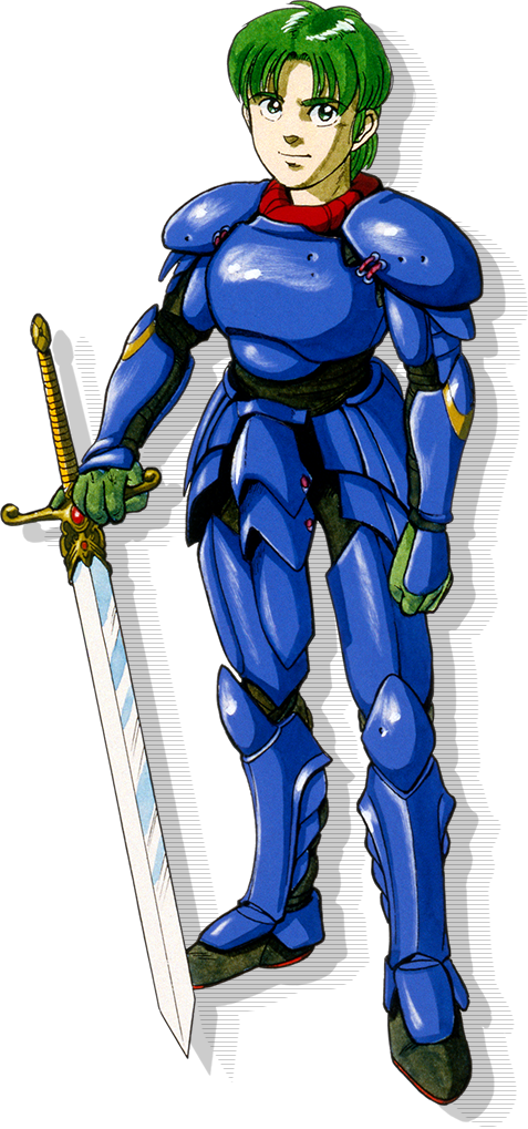 1boy alm_(fire_emblem) armor artist_request blue_armor breastplate clenched_hands fire_emblem fire_emblem_gaiden full_body green_eyes green_hair holding holding_sword holding_weapon looking_at_viewer official_art pauldrons shadow shoulder_armor smile standing sword weapon