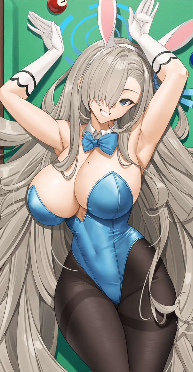 1girl animal_ears armpits arms_up asuna_(blue_archive) asuna_(bunny)_(blue_archive) ball billiard_ball black_pantyhose blue_archive blue_bow blue_bowtie blue_eyes blue_leotard bow bowtie breasts collar covered_navel cowboy_shot dakimakura_(medium) detached_collar fake_animal_ears gloves grey_hair hair_over_one_eye halo highres large_breasts leotard lying mole mole_on_breast on_back on_table open_mouth pantyhose pool_table rabbit_ears rabbit_pose solo table thighband_pantyhose tony_guisado white_collar white_gloves