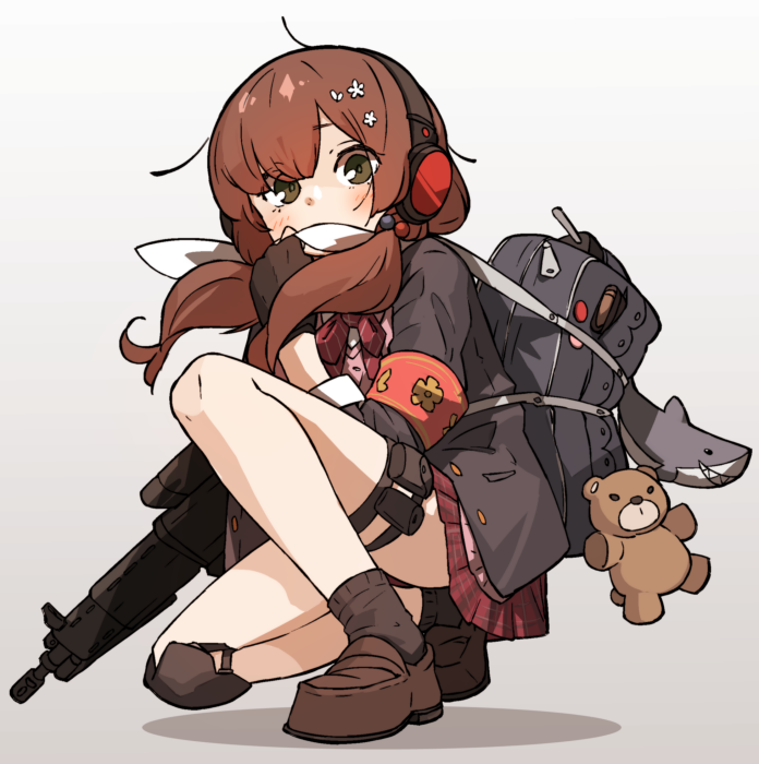 1girl amonitto armband arms_up assault_rifle bag bow bowtie brown_footwear brown_hair covering_mouth flower girls'_frontline gradient_background green_eyes grey_jacket gun hair_bobbles hair_flower hair_ornament holding holding_gun holding_weapon holster howa_type_89 howa_type_89_(girls'_frontline) jacket knee_pads loafers long_hair long_sleeves looking_at_viewer miniskirt red_skirt rifle school_bag shoes single_knee_pad skirt solo stuffed_animal stuffed_shark stuffed_toy teddy_bear thigh_holster twintails weapon