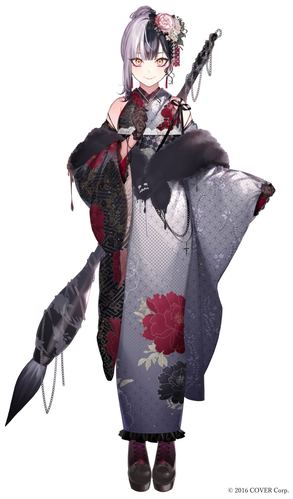 1girl black_hair black_kimono black_shawl breasts flower giant_brush gloves grey_kimono hair_bun hair_flower hair_ornament highres holding holding_brush hololive hololive_english japanese_clothes kayahara kimono lace lace-trimmed_gloves lace_gloves lace_trim looking_at_viewer multicolored_hair official_alternate_costume official_art paint_stains shawl shiori_novella shiori_novella_(new_year) split-color_hair virtual_youtuber wide_sleeves yellow_eyes