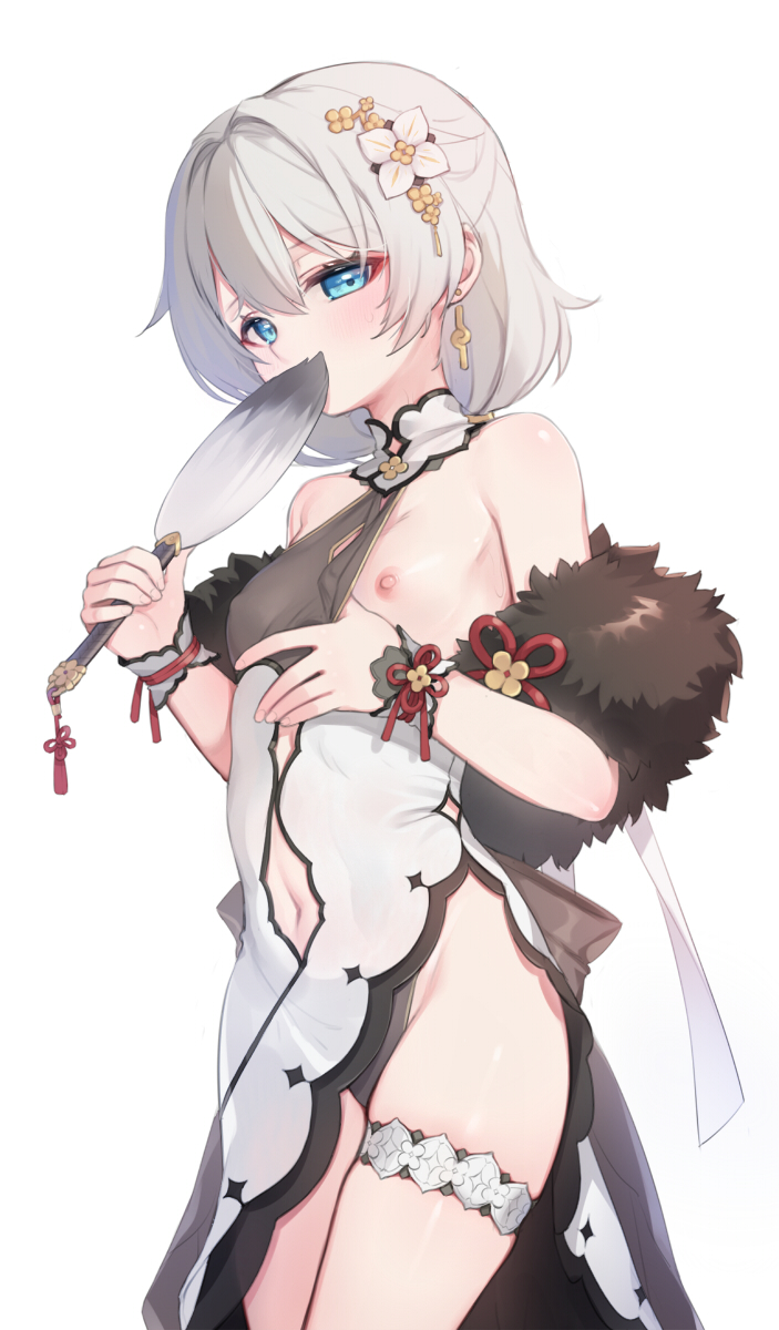 1girl bare_shoulders blue_eyes breasts clothing_aside commentary_request covering_mouth cowboy_shot dress dress_aside flower grey_hair hair_between_eyes hair_flower hair_ornament highres honkai_(series) honkai_impact_3rd long_hair navel nipples simple_background small_breasts solo tama_(tamatamo) theresa_apocalypse thigh_strap white_background white_dress