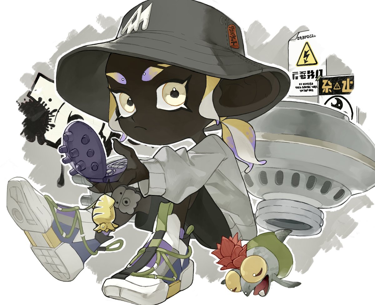 1boy a_a2001214 black_shorts cellphone closed_mouth commentary_request dark-skinned_male dark_skin eyebrow_cut frown full_body graffiti grey_headwear hat holding holding_phone looking_at_viewer low_ponytail medium_hair multicolored_footwear nautilus_(splatoon) octoling octoling_boy paint_splatter phone print_headwear shoes short_ponytail shorts sign sitting smallfry_(splatoon) solo splatoon_(series) splatoon_3 sweater tentacle_hair very_dark_skin weapon white_eyes white_sweater