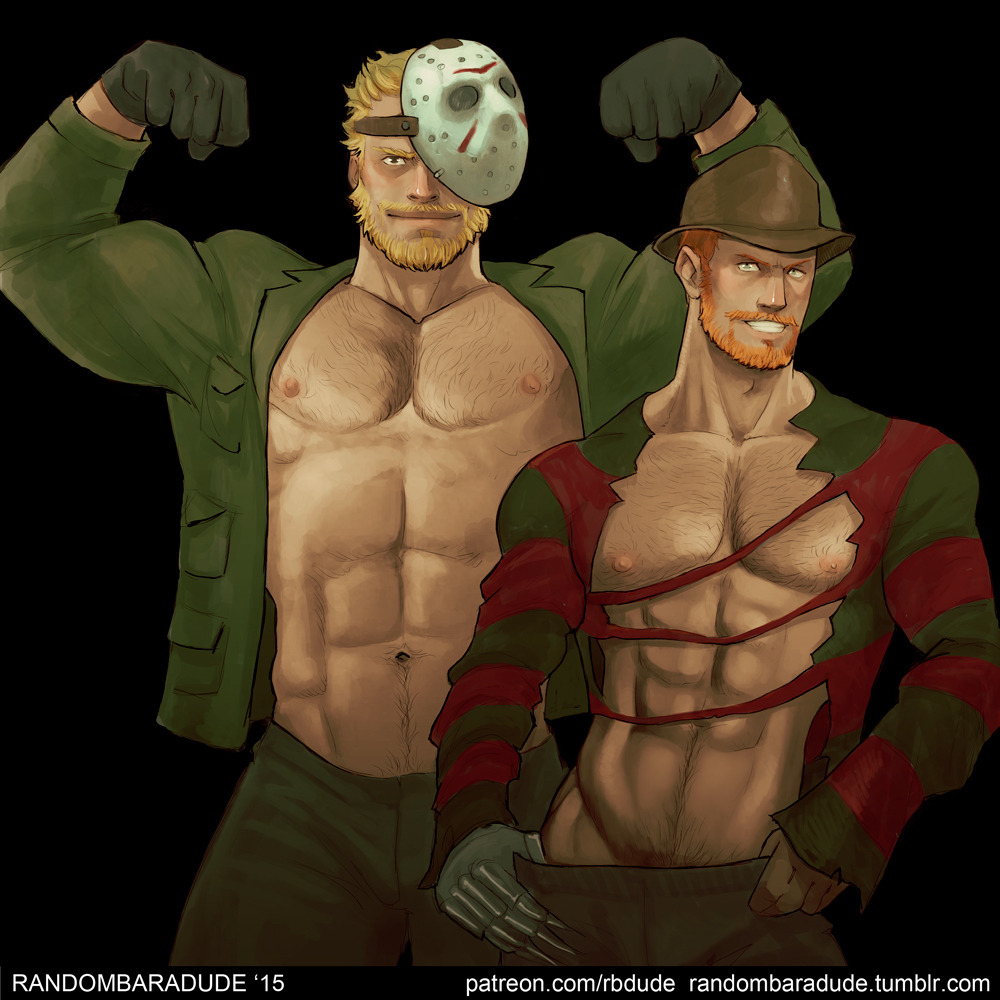2boys a_nightmare_on_elm_street abs bad_id bad_link bad_tumblr_id bara bare_pectorals beard black_background black_gloves blonde_hair brown_eyes chest_hair claw_(weapon) claws clothes_pull cowboy_shot double_biceps_pose facial_hair fedora flexing freddy_krueger friday_the_13th gloves green_eyes green_shirt hand_under_clothes hat hockey_mask jason_voorhees large_pectorals looking_at_viewer male_focus male_pubic_hair mask mask_on_head mask_over_one_eye mature_male multiple_boys muscular muscular_male mustache navel navel_hair nipple_hair nipples open_clothes orange_hair pants pants_pull pectorals pubic_hair pubic_hair_peek pulled_by_self randombaradude shirt short_hair simple_background smile solo teeth torn_clothes torn_shirt weapon