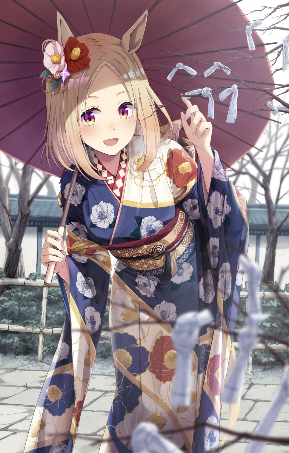 1girl alternate_costume animal_ears blonde_hair blush branch breasts flower forehead hair_flower hair_ornament highres holding holding_umbrella horse_ears horse_girl japanese_clothes kimono looking_at_viewer medium_breasts medium_hair murasaki_himuro narita_top_road_(umamusume) solo tree umamusume umbrella yellow_eyes