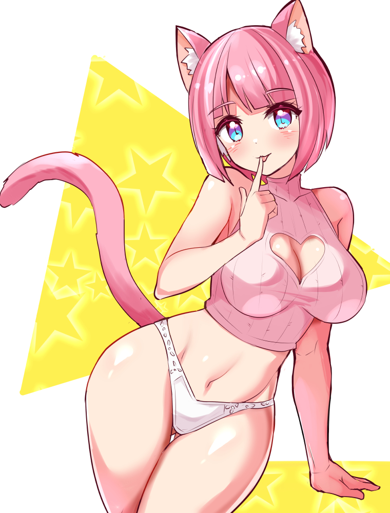 1girl :p animal_ears arm_support ass_visible_through_thighs blue_eyes bob_cut cat_ears cat_girl cat_tail cleavage_cutout clothing_cutout commentary cougar_(cougar1404) cropped_shirt crotch_seam finger_to_tongue groin heart_cutout leaning_to_the_side looking_at_viewer navel original panties pfirsia_(cougar_(cougar1404)) pink_hair ribbed_shirt shirt short_hair sleeveless sleeveless_shirt smile solo standing star_(symbol) symbol-only_commentary tail thigh_gap thighs tongue tongue_out turtleneck underwear underwear_only white_panties