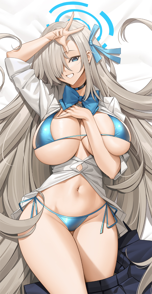 1girl asuna_(blue_archive) bikini black_bow black_bowtie black_choker black_skirt blue_archive blue_bikini blue_eyes bow bowtie breasts choker dakimakura_(medium) grey_hair hair_over_one_eye halo hand_on_own_chest highres large_breasts long_hair navel open_mouth partially_unbuttoned partially_undressed pleated_skirt shirt side-tie_bikini_bottom skirt solo swimsuit tony_guisado v very_long_hair white_shirt