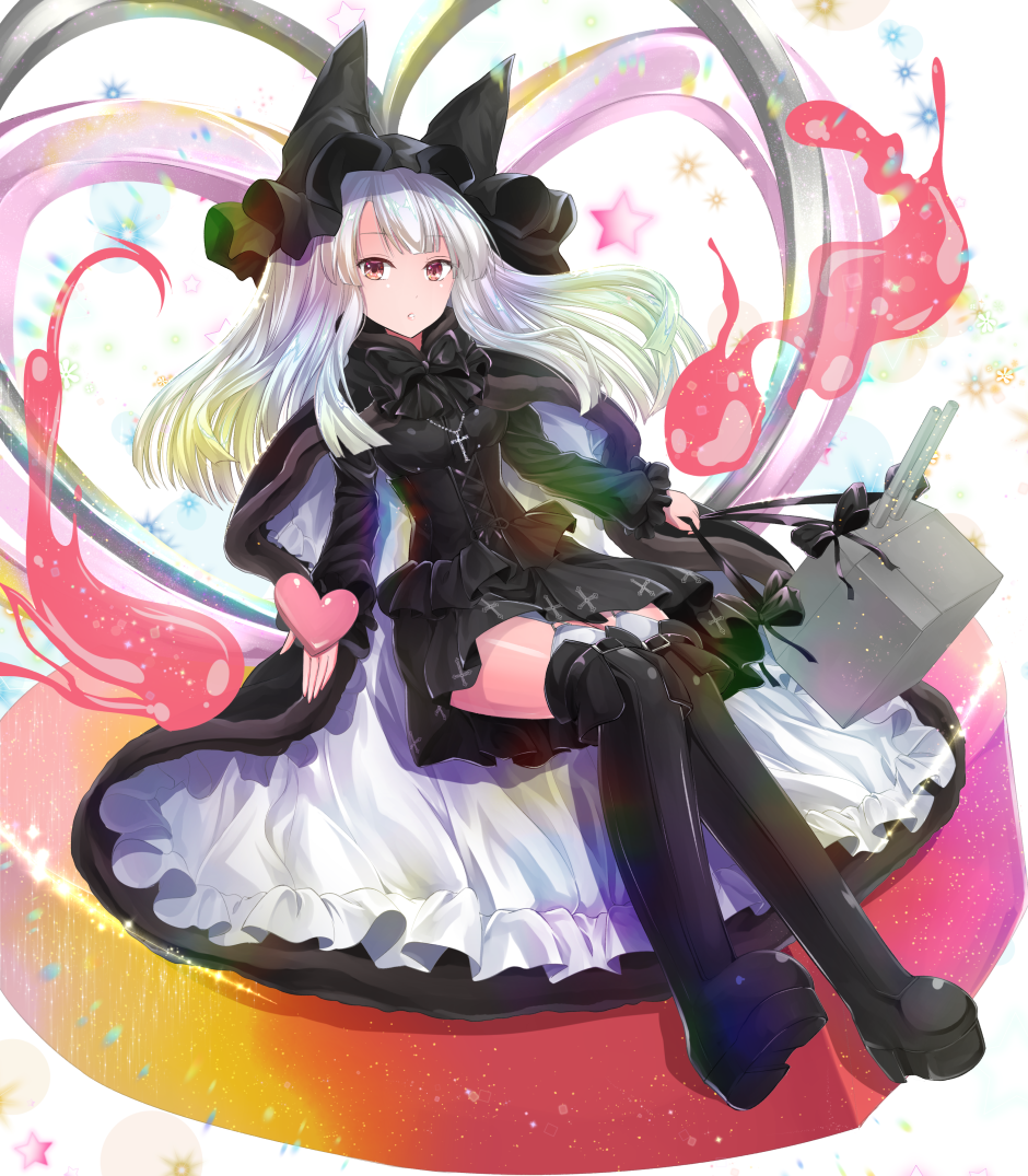 1girl animal_hat azur_lane bag black_cloak boots cloak cross cross_necklace cross_print dress erebus_(azur_lane) erebus_(illusory_happiness)_(azur_lane) frilled_hat frills fur-trimmed_cloak fur_trim gothic_lolita hat heart holding holding_bag holding_heart jewelry knee_boots layered_dress legs lolita_fashion looking_at_viewer necklace official_alternate_costume platform_boots red_eyes solo thigh_boots thighhighs two-tone_dress white_hair y2 zettai_ryouiki
