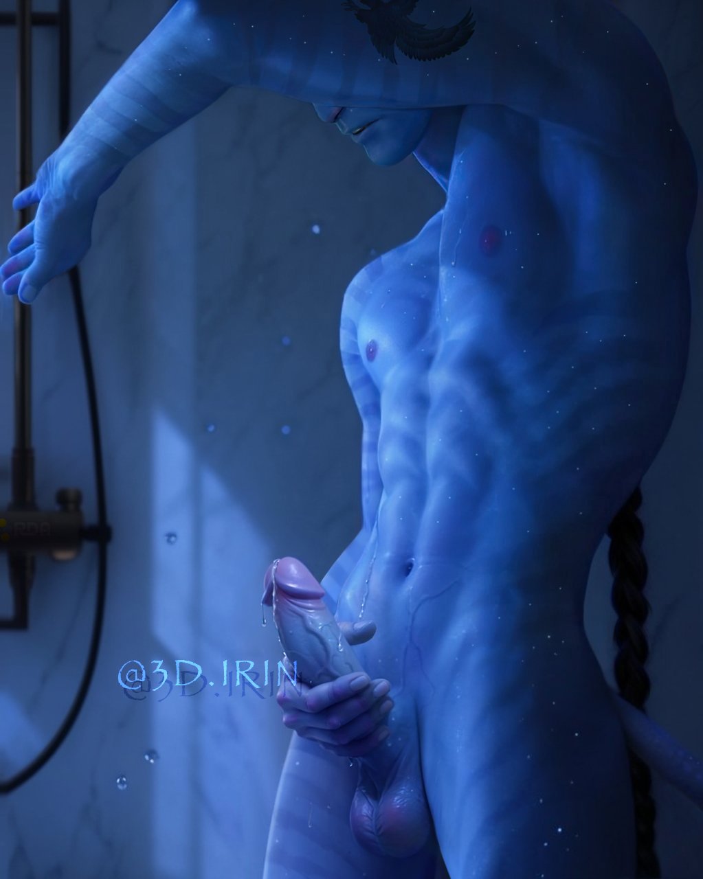 3d_irin alien alien_humanoid arm_tattoo balls bathing braided_hair braided_ponytail covering covering_face dripping genitals hair hi_res holding_penis humanoid james_cameron's_avatar male markings masturbation miles_quaritch na'vi nipples penis ponytail raised_arm shower showering solo striped_body striped_markings stripes tail tattoo water